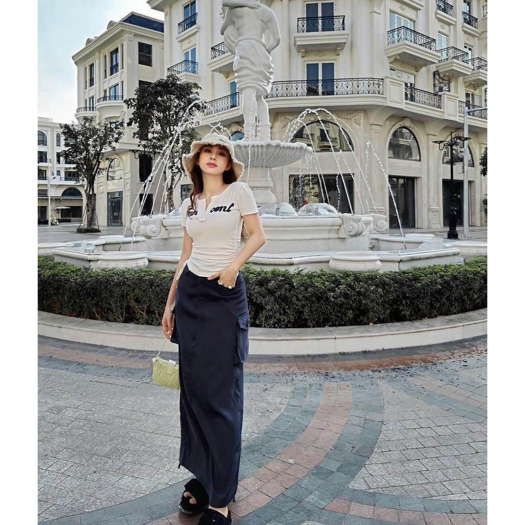 SET ÁO CROPTOP CỔ V XẺ RÚT DÂY CHỮ + CHÂN VÁY XANH MỰC TÚI HỘP (TH)