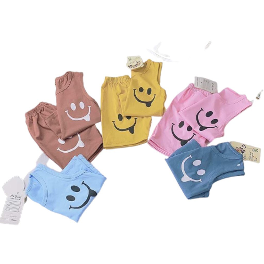 Bộ quần áo ba lỗ cho in hình mặt cười bé trai và bé gái chất lượng cotton từ 8-20kg - Minky Sun