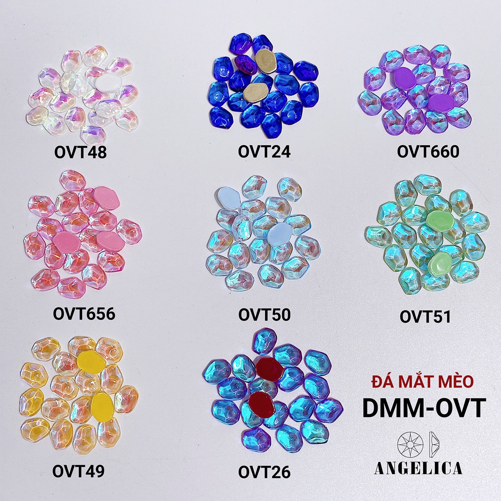 Set Mix Đá Nail Mắt Mèo Hình Oval Chân Vàng Trang Trí Móng ANGELICA DMM50V