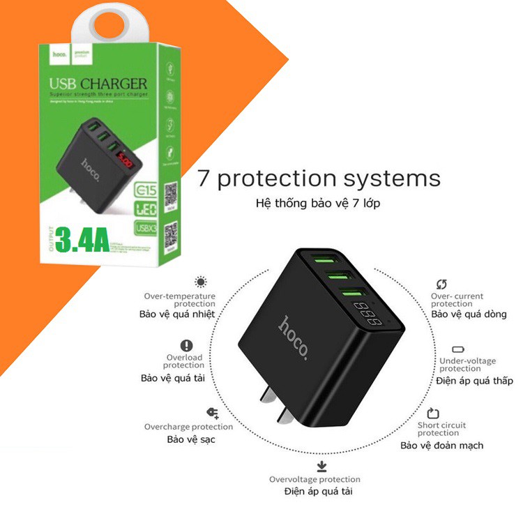 Củ Sạc Củ Sạc Nhanh, 3 Cổng Hoco C15 3.4A - Màn Hình LCD Hiển Thị Điện Áp - Chính Hãng Bảo Hành 12 Tháng