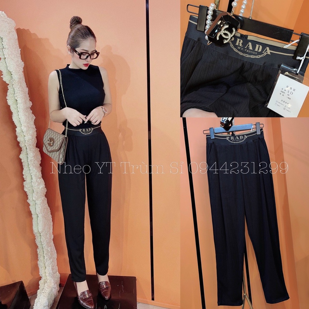 Quần baggy nữ xếp ly cạp chun vải nhăn loại dày cao cấp, siêu nhẹ siêu mát, dáng Quảng Châu