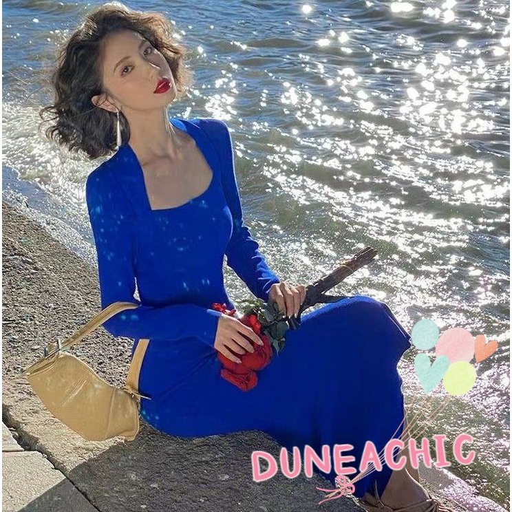 DUNEA Đầm Dệt Kim Cổ Vuông Lưng Cao Thiết Kế Quyến Rũ Cho Nữ