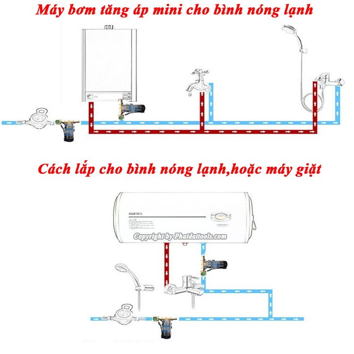 Bơm tăng áp mini cho máy giặt bình nóng lạnh máy bơm nước tăng áp tự ngắt bảo hành 6 tháng