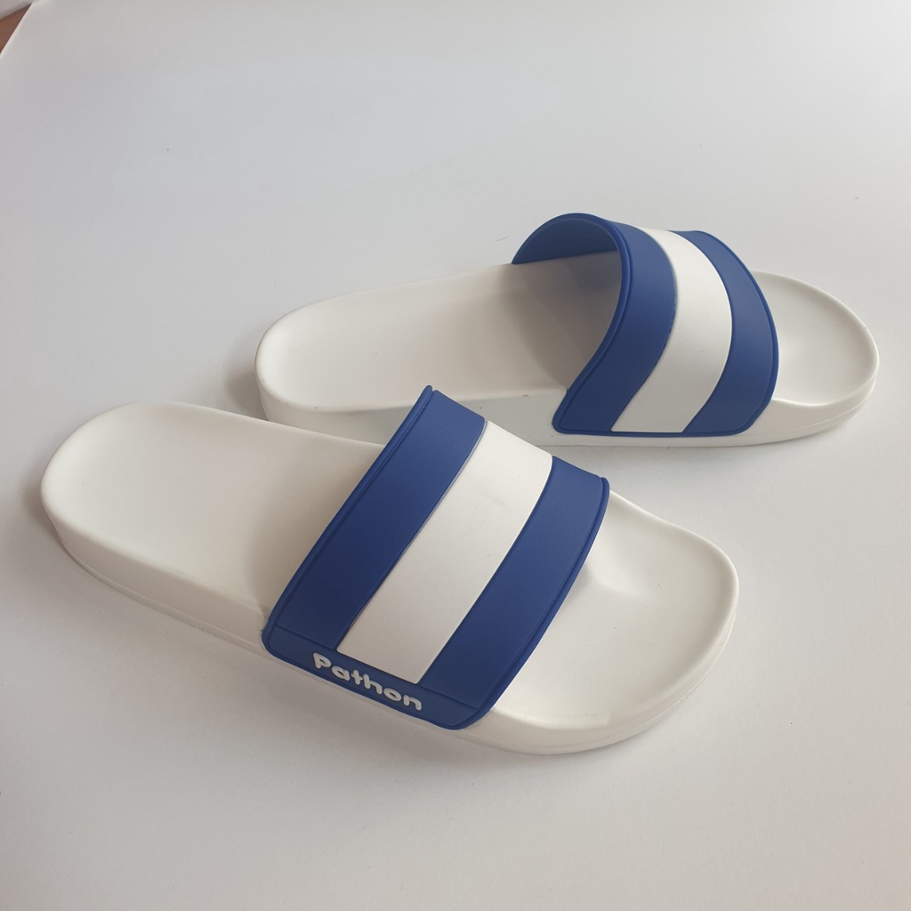 Dép nam nữ quai ngang slipper Pathon quai PVC và đế PU trắng quai sọc trắng xanh lớn SD37