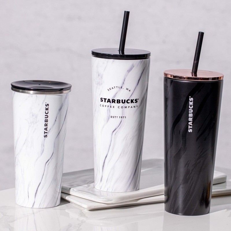 LY STARBUCKS VÂN ĐÁ TRẮNG - Cold Cup Stainless Steel White Marble