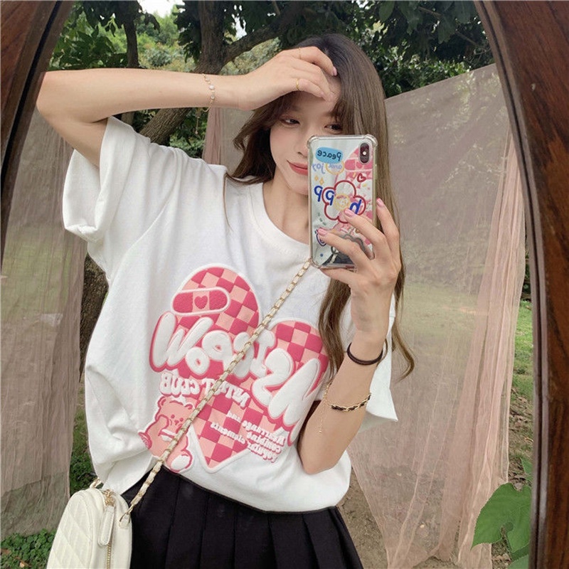 Cherryshop Sẵn sàng giao hàng 🔥Áo Thun Tay Ngắn Thời🍄 Oversize Dễ thương Ngọt Ngào Màu hồng tình yêu gấu in Áo Thun Đen trắng hồng ba màu