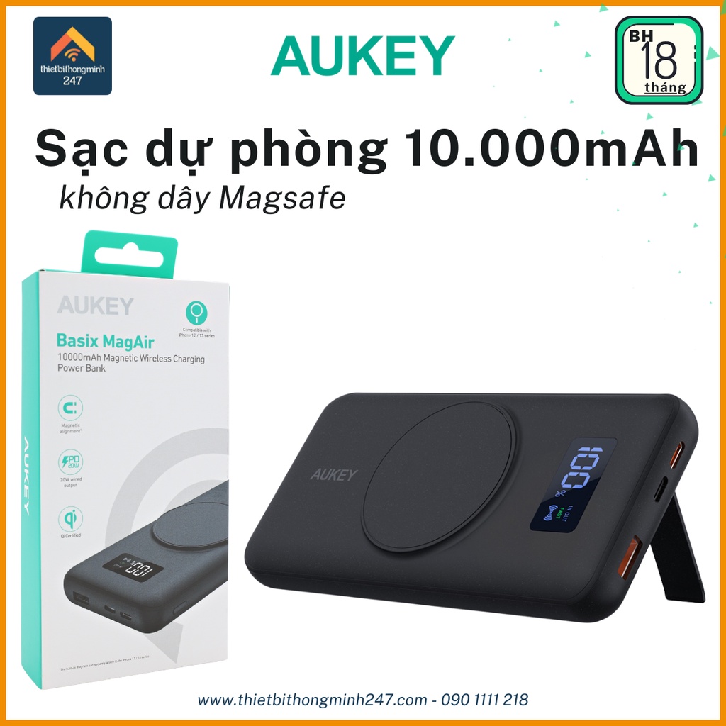 Pin sạc dự phòng không dây có Nam Châm Aukey PB-WL02i BK 10.000mAh sạc nhanh 3.0 công suất 15W cáp sạc USB Type C Đen