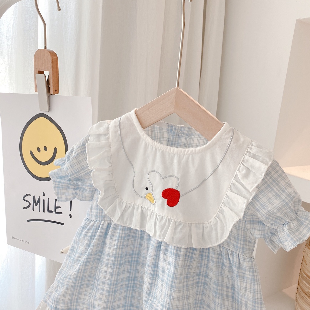 Đầm Công Chúa Tay Ngắn Cổ Sơ Mi Thêu Họa Tiết Caro Thời Trang Mùa Hè Cho Bé Gái