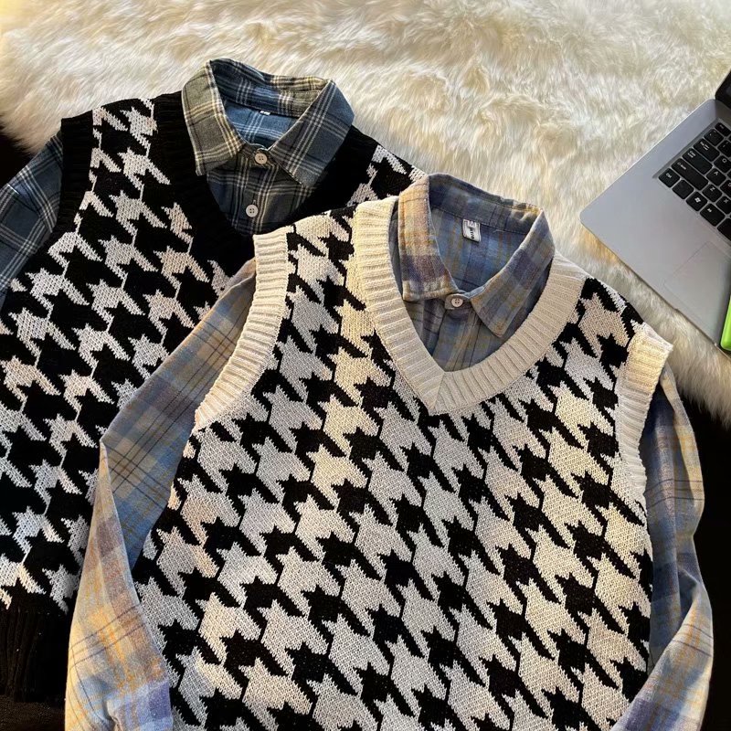 Áo Sweater Không Tay Cổ Chữ V Dáng Rộng Họa Tiết Sọc Caro Phong Cách Hàn Quốc Hợp Thời Trang Cho Nam