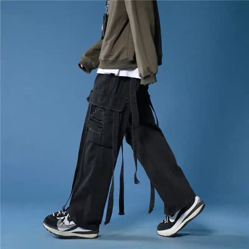 Quần Jean Dài Dáng Rộng Phối Dây Ruy Băng Cá Tính Phong Cách Hip-Hop Đường Phố Cho Nam