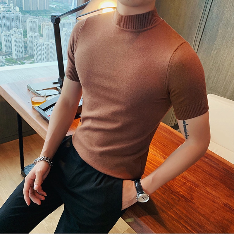 Áo Thun Dệt Kim Tay Ngắn Cổ Cao Ôm Dáng Màu Sắc Đơn Giản Phong Cách Hàn Quốc Thời Trang Cho Nam