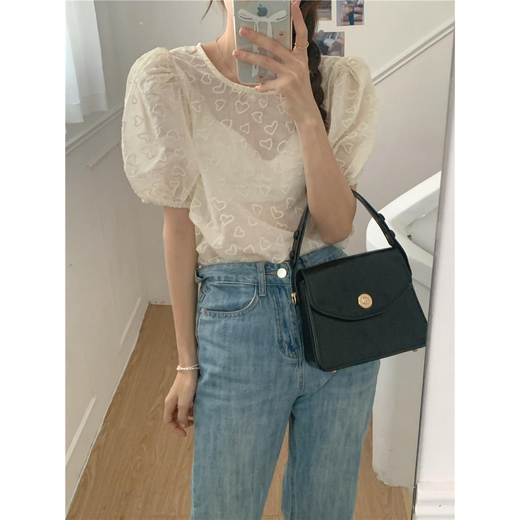 Áo Thun Cổ Tròn Tay Ngắn Thêu Hình Trái Tim Nhỏ Tinh Tế 52113 Phong Cách Hàn Quốc