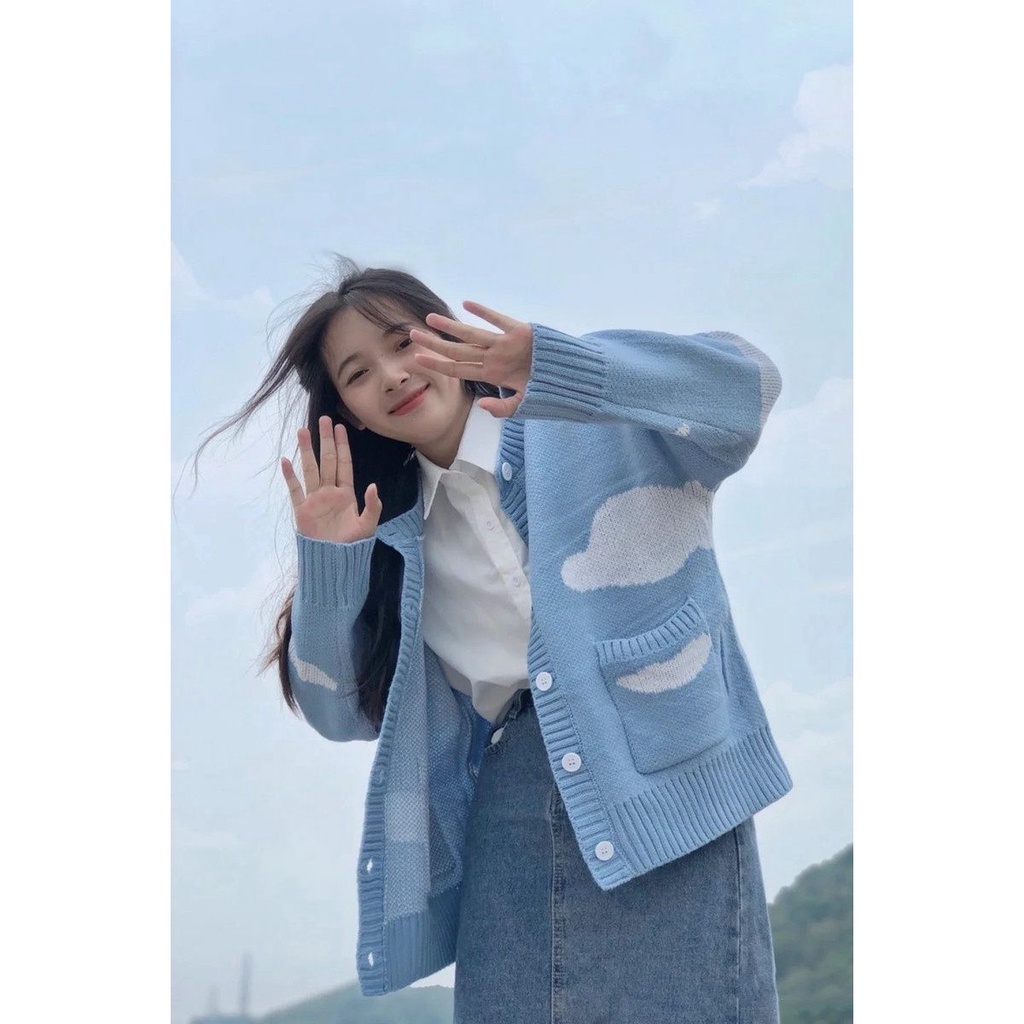 Cardigan họa tiết xanh bầu trời mây trắng túi áo bản lớn Nihon style