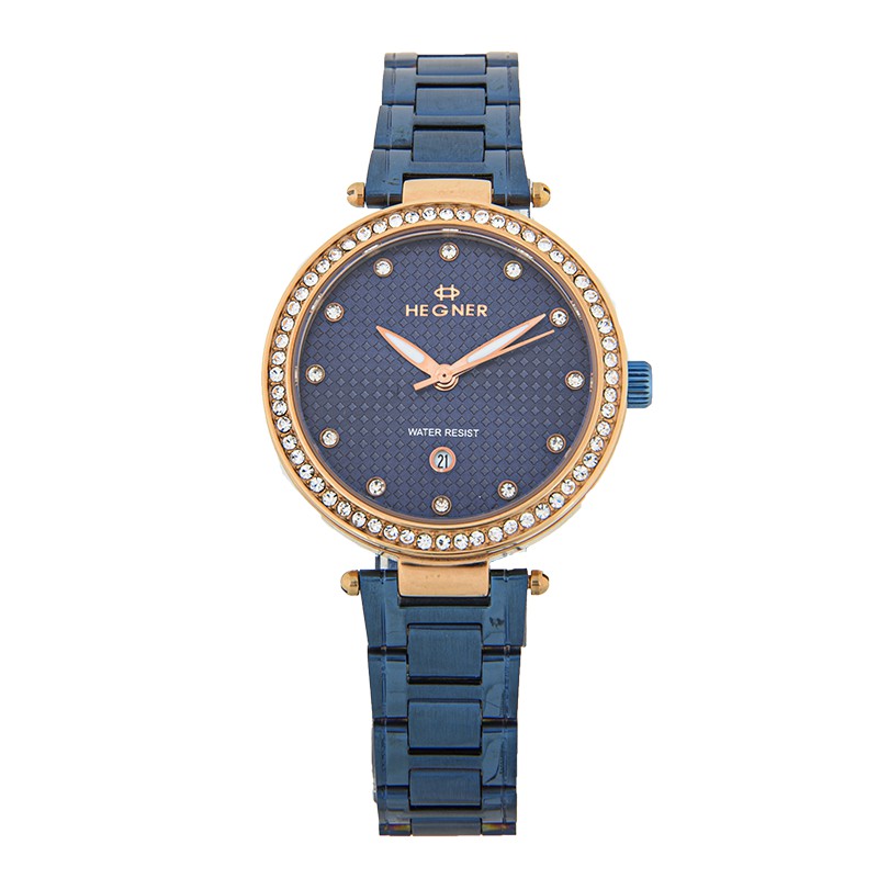 Đồng hồ nữ Hegner HW-1646LRBLUE mặt nhỏ đính đá máy pin kính sapphire chống xước dây da đeo tay cao cấp chính hãng