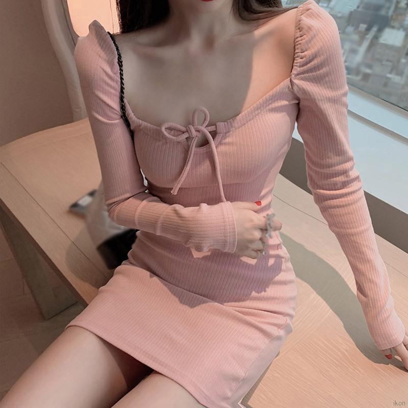 Đầm Tay Dài Cổ Vuông Màu Trơn Thiết Kế Ôm Sát Quyến Rũ đầm hoa váy hoa nhí