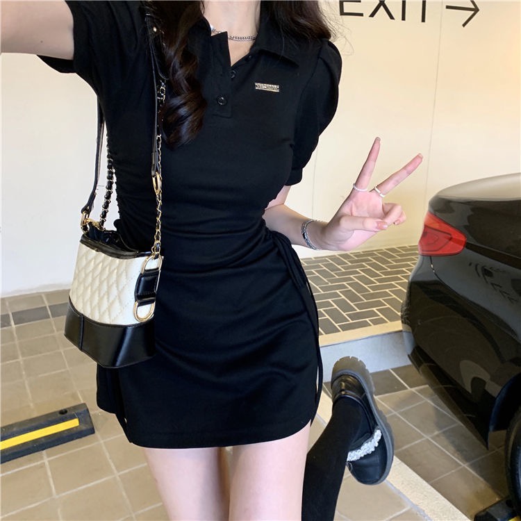 Porozi  Đầm tay ngắn  cổ bẻ chiết eo phong cách Hàn Quốc xinh xắn cho nữ