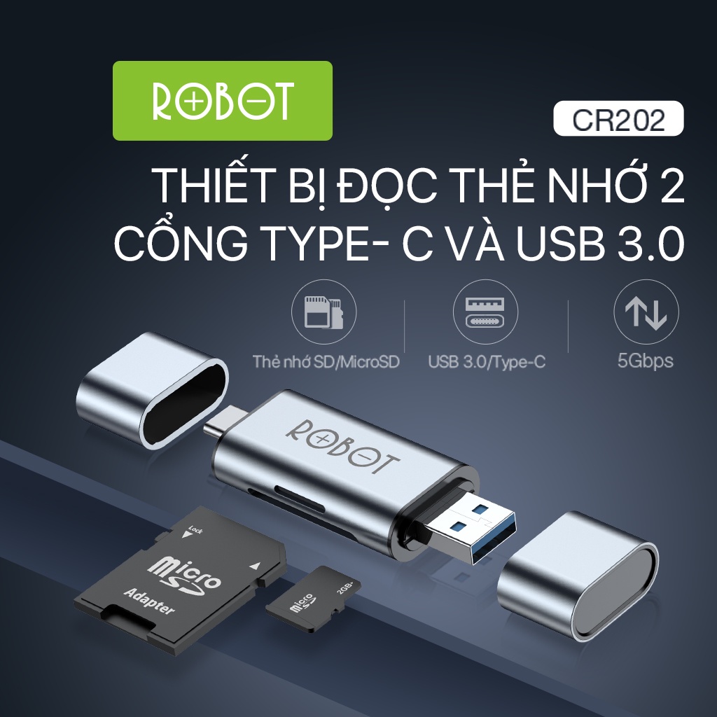 Thiết Bị Đọc Thẻ Nhớ SD MicroSD ROBOT CR202 - 2 Đầu Type-C Và USB 3.0 Hàng Chính Hãng Bảo Hành 12 Tháng 1 Đổi 1