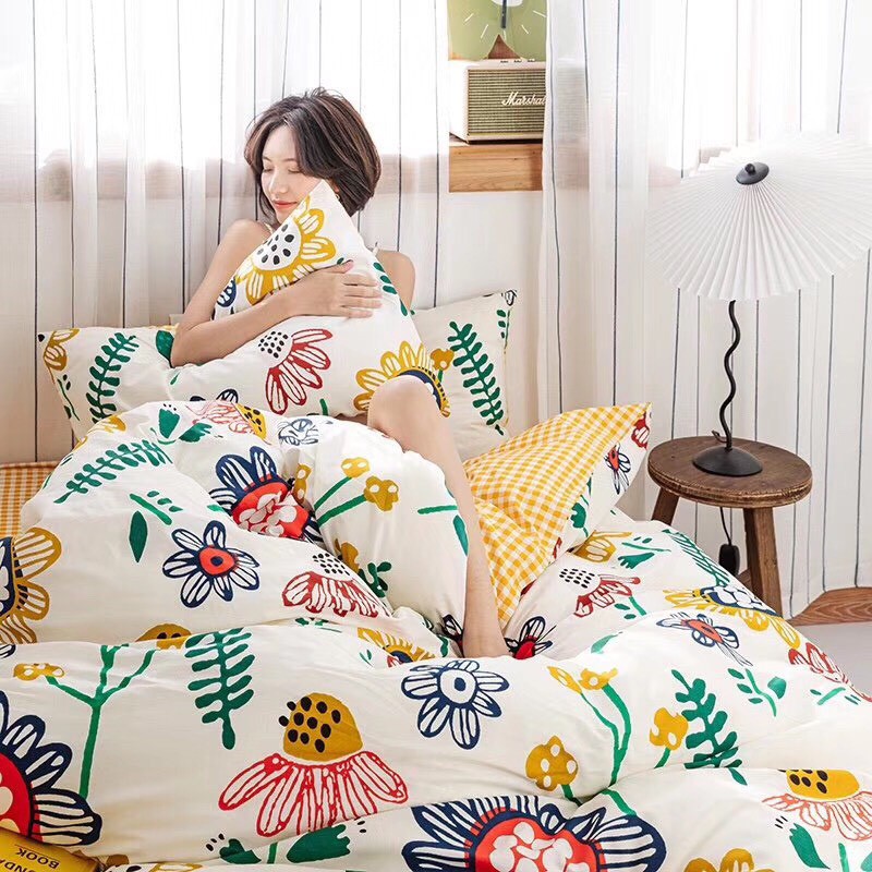 Bộ chăn ga cotton living  100% cotton- mẫu hoa sắc màu