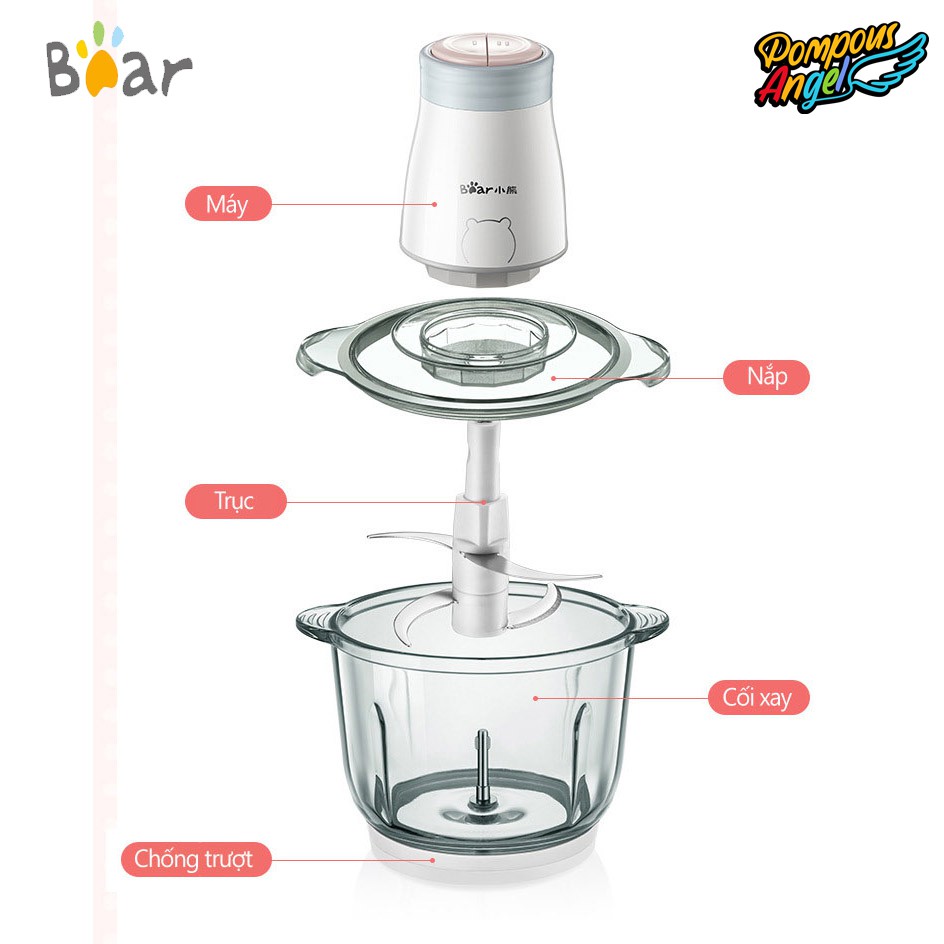 Máy xay thịt cá đa năng cầm tay để bàn BEAR 2L 300W cối thủy tinh , 4 lưỡi dao inox 304