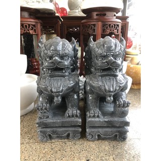 Cặp tượng Kỳ Lân phong thủy đá vân đen gác cổng, trang trí mộ - Cao 40 cm