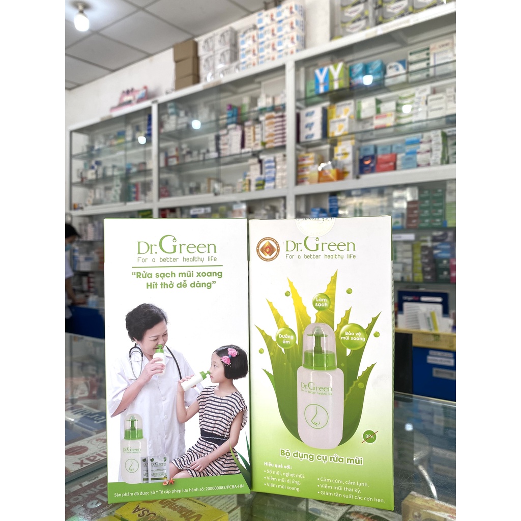 Bình rửa mũi Dr.Green chính hãng, Đầu rửa silicon, 1 bình kèm 10 gói muối biển, hỗ trợ viêm mũi xoang