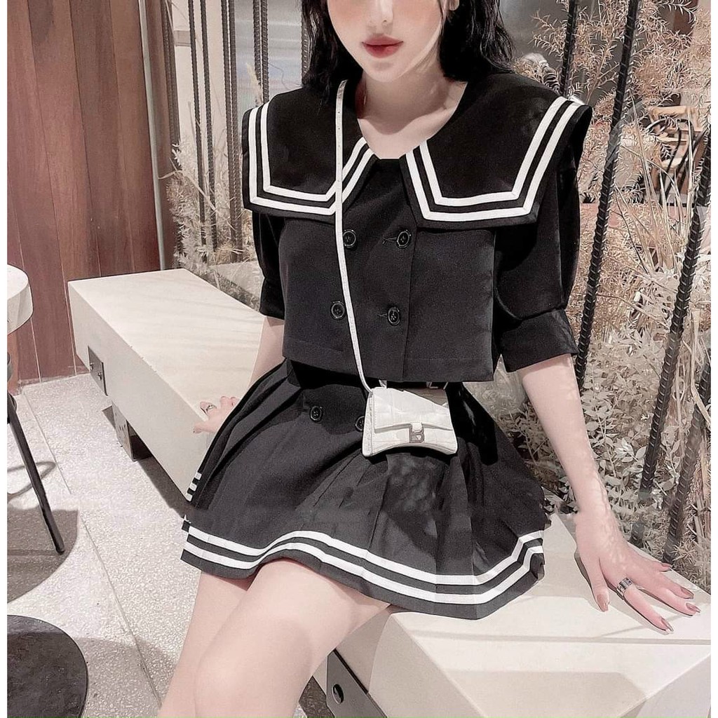 Set bộ Mie  họa tiết chỉ viền áo cổ tàu phối nút kèm quần dáng xòe xếp ly siêu xinh thời trang nữ