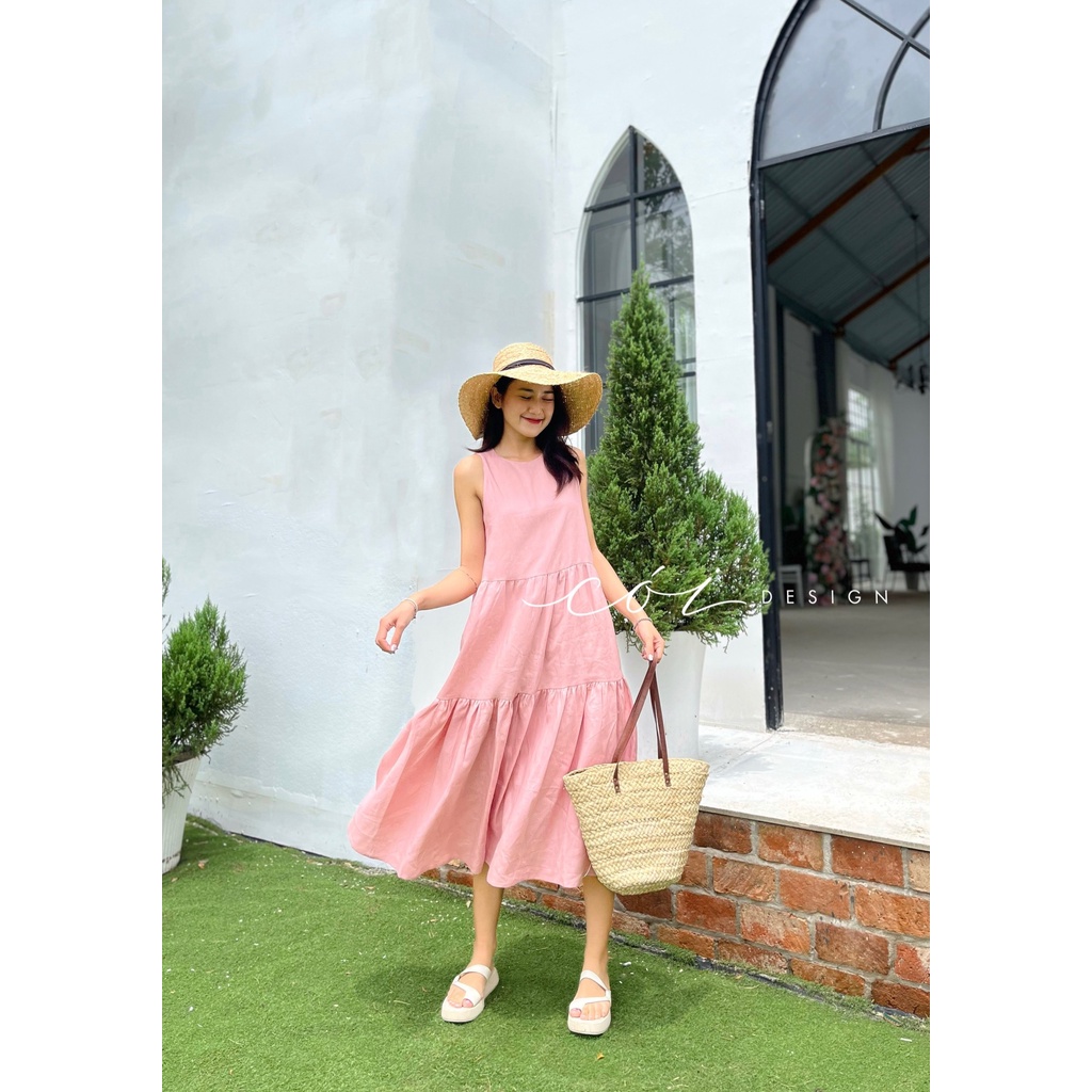 Đầm linen sát nách trơn tầng Cói Design