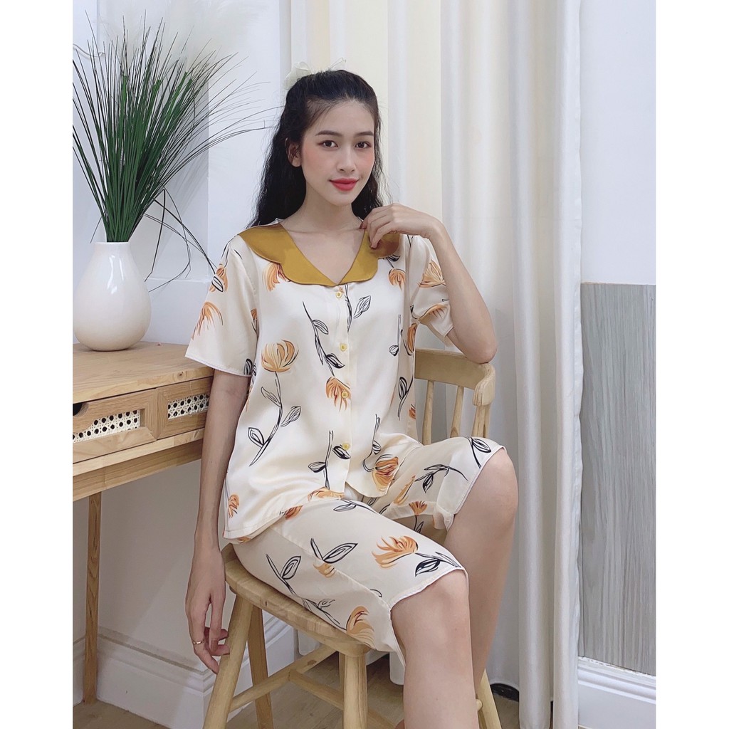 Đồ bộ pijama lửng lụa Latin loại 1 cao cấp, bộ mặc nhà nữ dễ thương