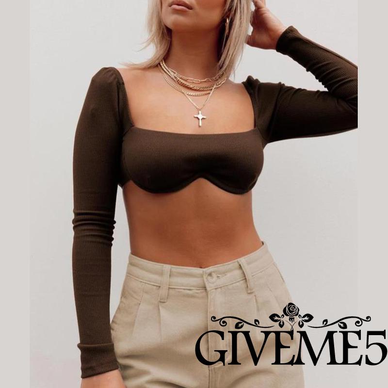 Áo croptop dệt kim tay dài cổ vuông màu sắc gợi cảm cho nữ