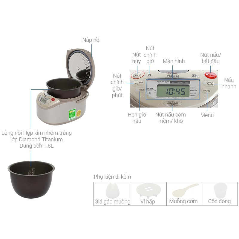 Nồi cơm điện cao tần Toshiba 1.8 lít RC-18RH(CG)VN made in Thailand 1250W màu vàng sâm panh - Bảo hành hãng 12 tháng