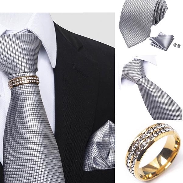 Bộ Cà vạt 4 món gồm Cavat 8cm, khăn cài túi, Măng-set, Nhẫn tròn phụ kiện, Cravat chú rể, Calavat công sở CBC-8207