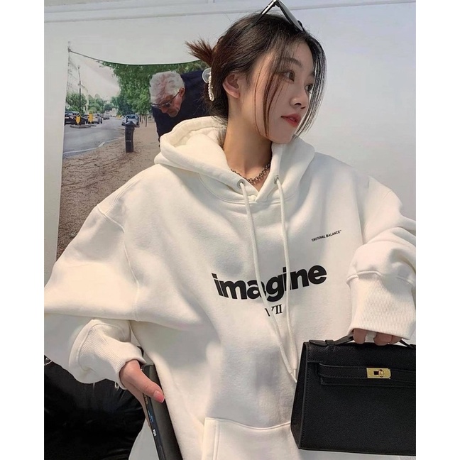 Ảnh thật/Video] Áo hoodie nỉ bông Imagine có mũ form to rộng oversize nam nữ màu trắng | BigBuy360 - bigbuy360.vn