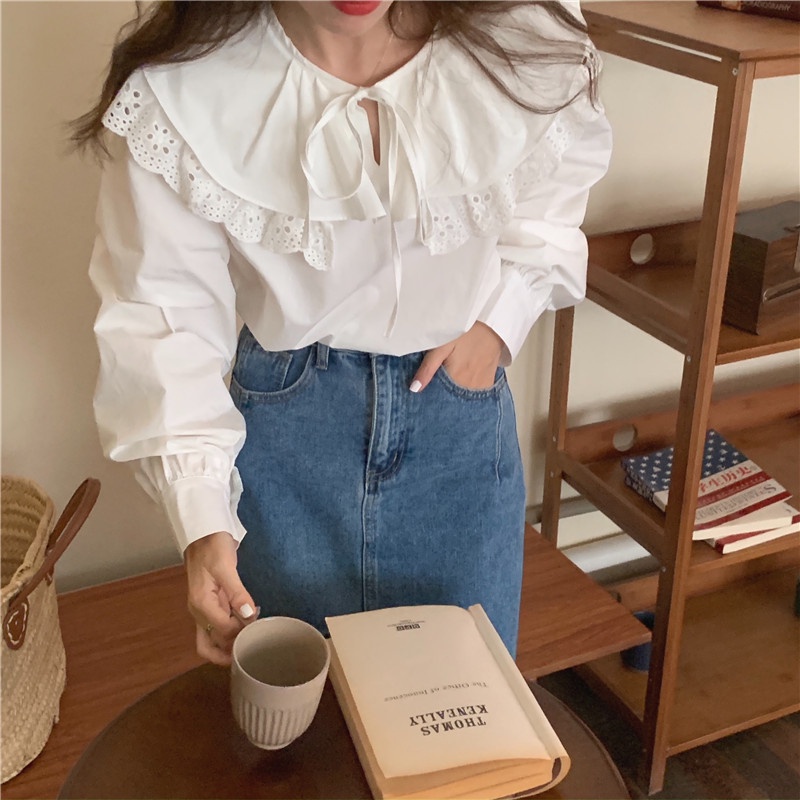 Áo Kiểu Tay Dài Phối Ren Cổ Bẻ 45786