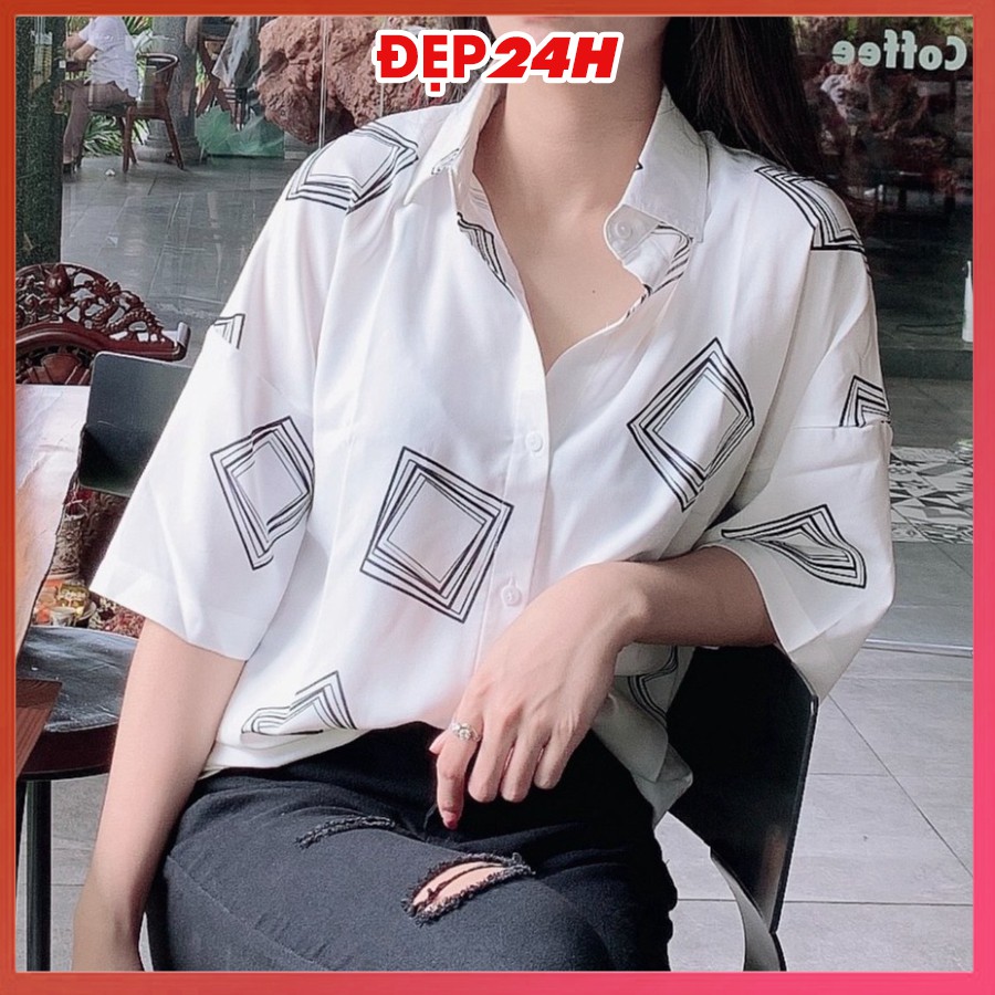 Áo sơ mi nữ form rộng, tay lỡ, freesize, chất liệu Đũi mềm mát, sơ mi kiểu nữ mặc cặp, nhóm in 3D ô Đen Trắng