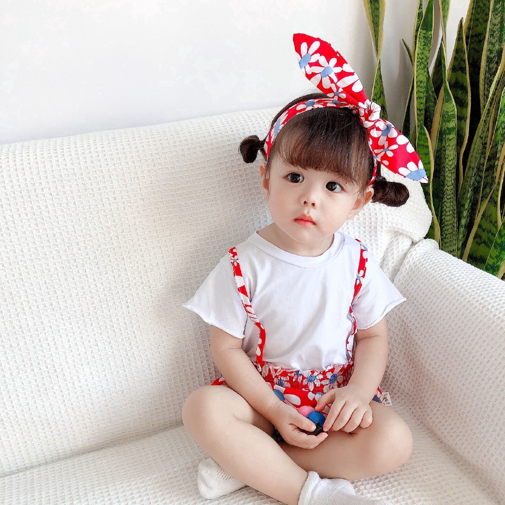 Set jumpsuit tay ngắn kèm băng đô in họa tiết hoa thời trang xinh xắn cho bé gái