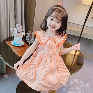 Đầm vải cotton sọc caro phong cách mùa hè thời trang xinh xắn cho bé gái