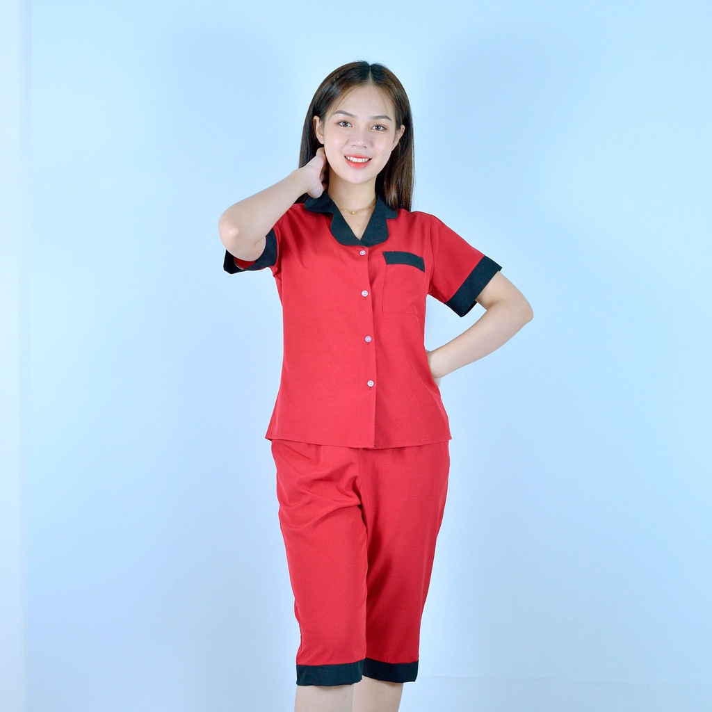 Bộ PIJIMA Nữ màu ĐỎ ĐÔ Chất Lụa Cao Cấp - Quần lửng tay ngắn pha cổ đen  - Nhẹ nhàng - Đằm thắm