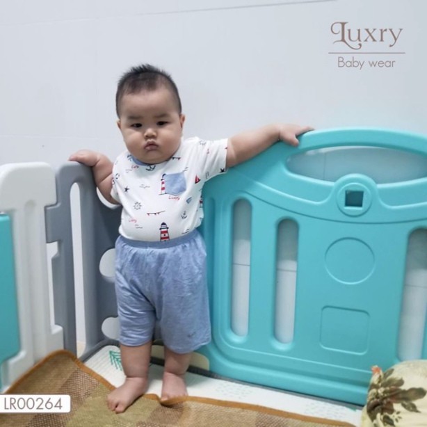 Bộ quần áo cộc tay cài vai họa tiết vải sợi tre nhà Luxry cho bé trai bé gái dưới 5 tuổi