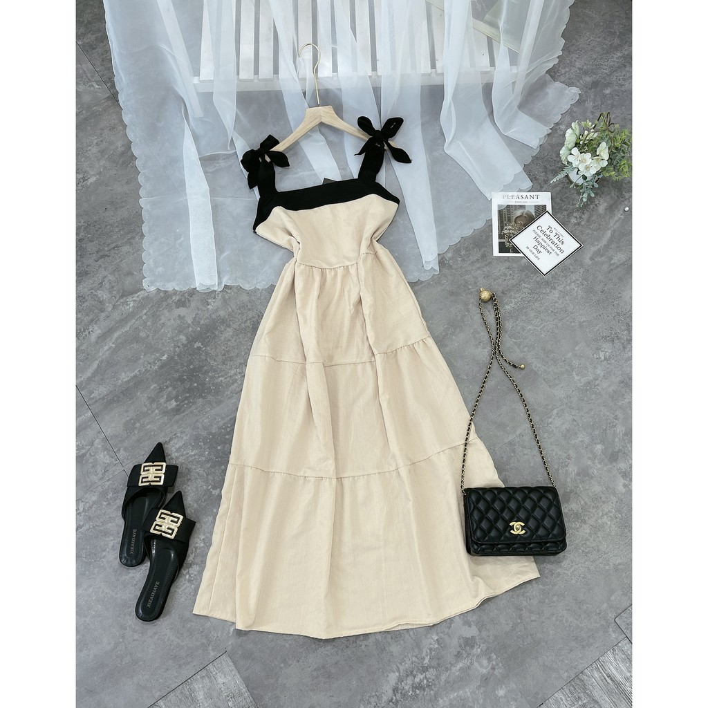 Đầm Suông Trơn 2 Dây Phối Nơ Vai Váy Đũi Tầng | BigBuy360 - bigbuy360.vn