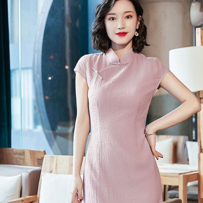 Áo dài Đầm Sườn Xám Cách Tân Dáng Dài Màu Sắc Trơn Thời Trang Mùa Hè Cho Nữ