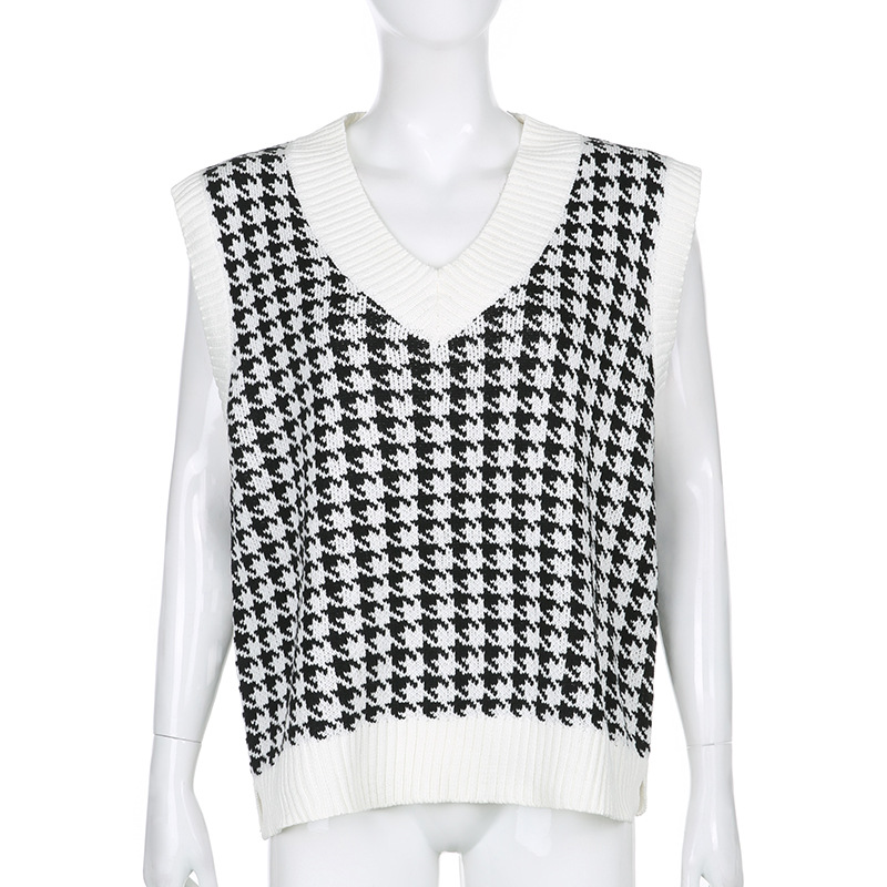 DUNEA Áo Dệt Kim Không Tay Cổ Chữ V Họa Tiết Kẻ Sọc Caro Thời Trang Mùa Thu Cho Nữ