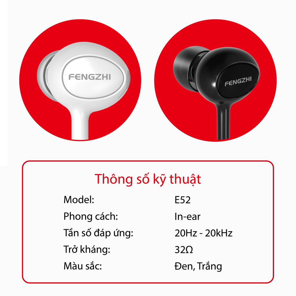 Tai nghe FENGZHI E52 có dây nhét tai Jack cấm 3.5mm chính hãng cho iPhone Samsung Oppo Vivo Huawei Xiaomi