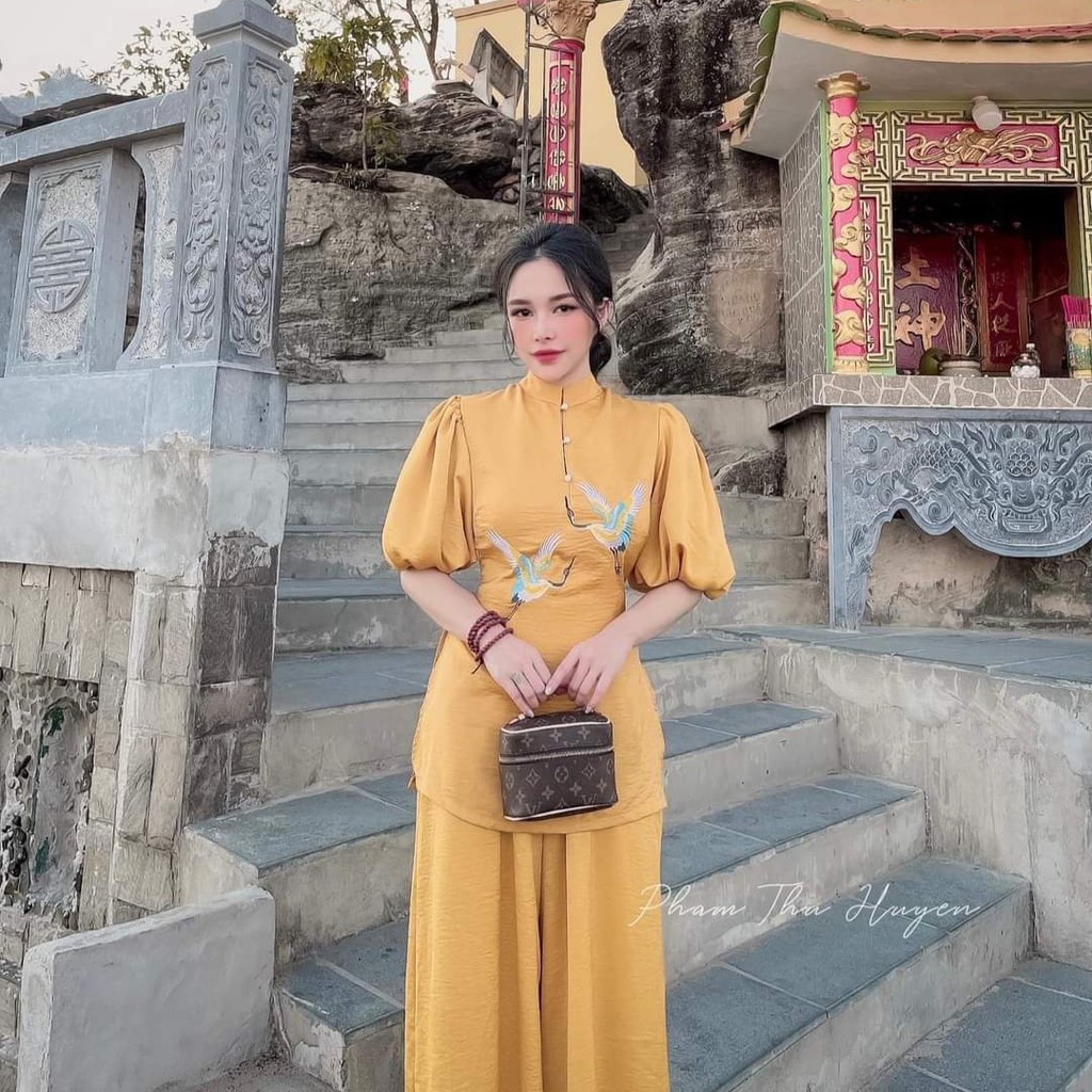 QUẦN ÁO ĐI CHÙA CAO CẤP SJ04 VẢI CÁT NHUNG THÊU HẠC D04