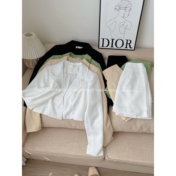 [Hàng sẵn] SET ÁO BLAZER CROPTOP KÈM CHÂN VÁY CHỮ A CÓ CHUN LƯNG SAU