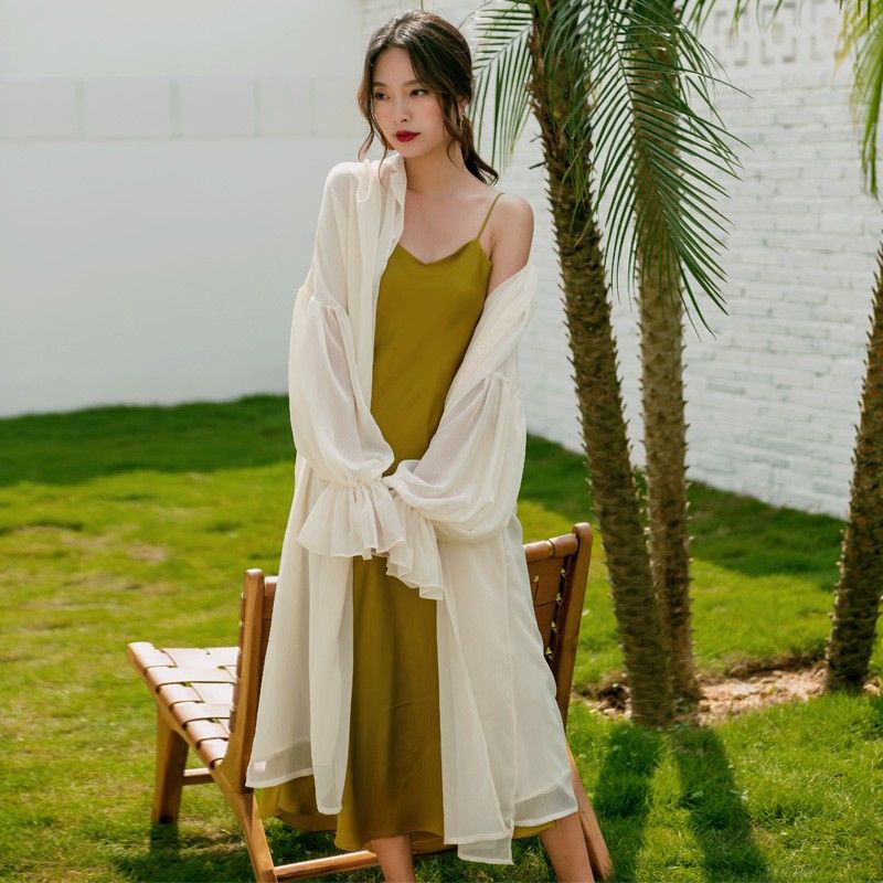 Áo Khoác cardigan chiffon Mỏng Dáng Dài Tay Phồng Chống Nắng Phong Cách Phương Tây Thời Trang Mùa Hè Cho Nữ