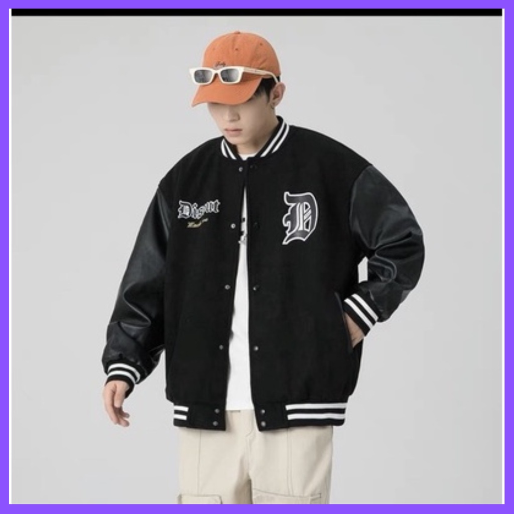 ÁO BOMBER NAM NỮ.ÁO KHOÁC BÓNG CHÀY KAKI PHỐI TAY DA DISOUT FORM UNISEX
