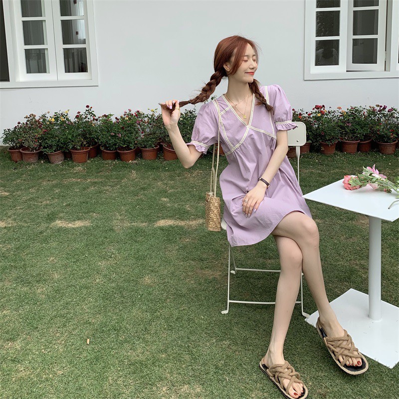 Xiaozhainv Đầm chữ A tay phồng form rộng phong cách Hàn Quốc thời trang cho nữ | BigBuy360 - bigbuy360.vn
