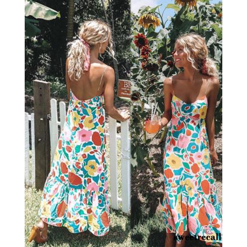 Women's Colorful Floral Pattern Dress, Sleeveless V-Neck Dress, Long One-Piece Clothes