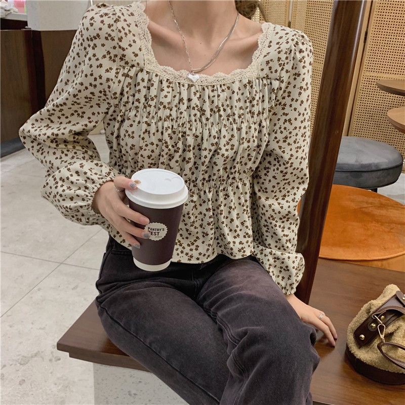 Áo Sơ Mi Ngắn Tay Dài Cổ Vuông In Họa Tiết Hoa Thời Trang Mùa Thu Kiểu Pháp Cổ Điển