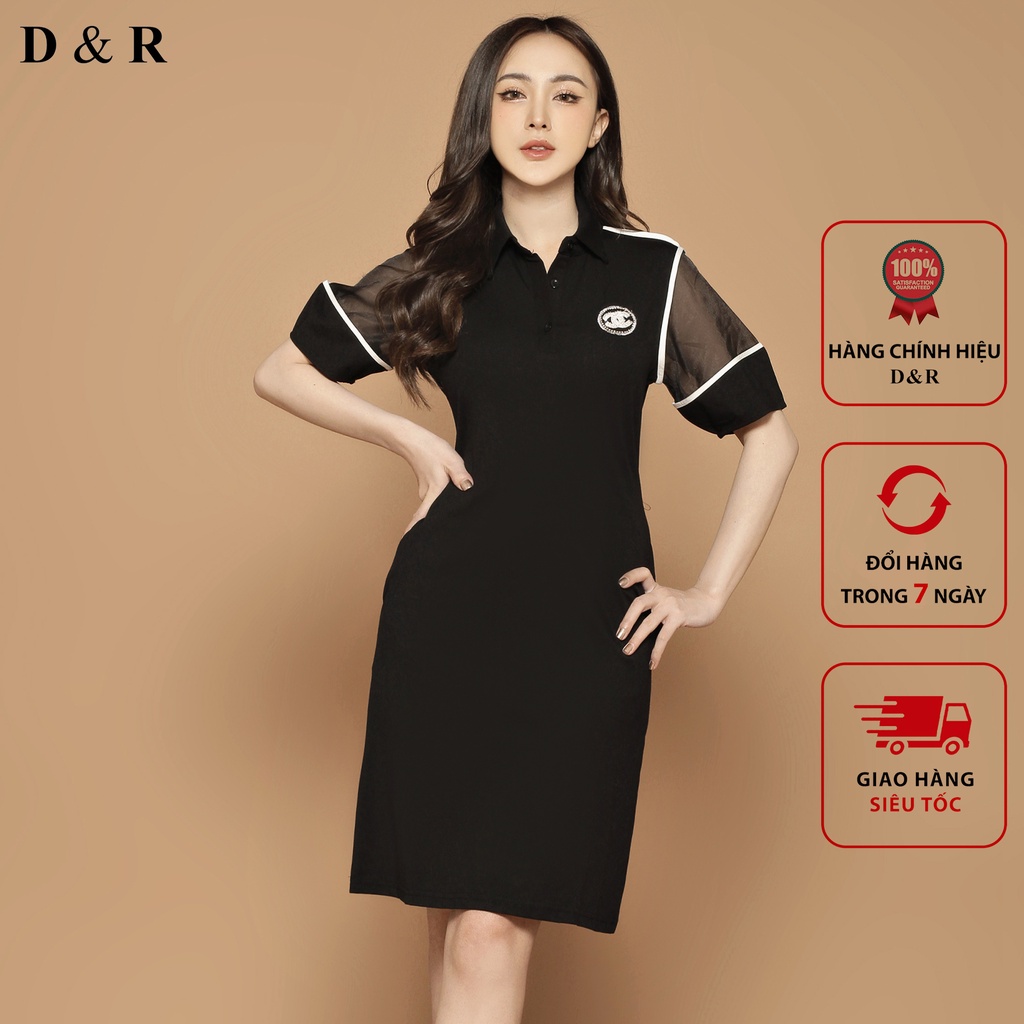 Đầm Polo thiết kế thêu logo sang trọng phối tay voal Quảng Châu cao cấp thương hiệu thời trang D&R D017